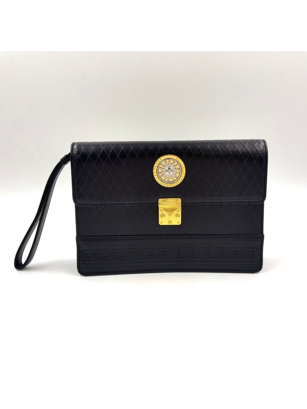 Versace Sunburst Medusa Calfskin Black Clutch Gold